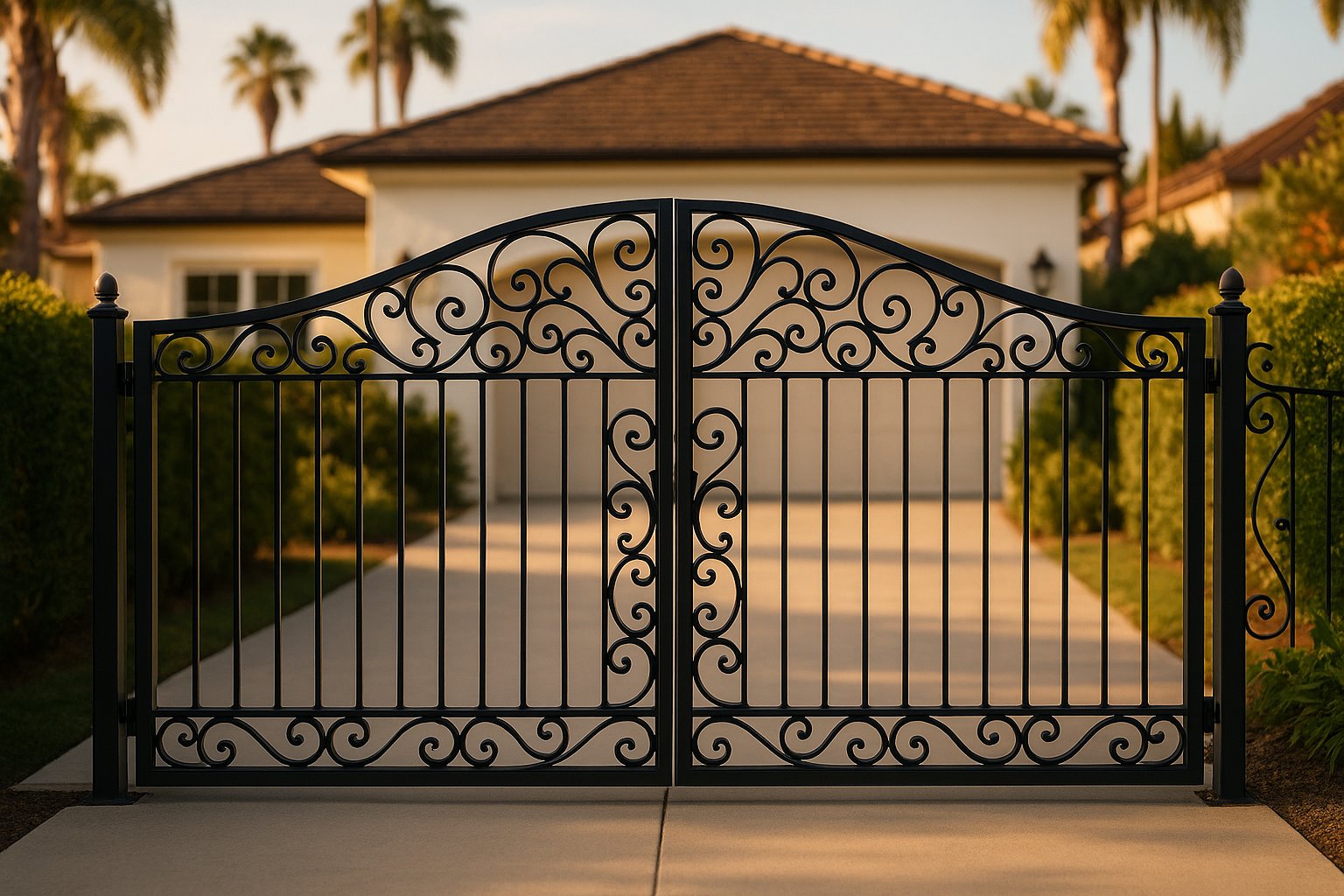 Portón de fierro forjado con detalles ornamentales en la entrada de una casa de California