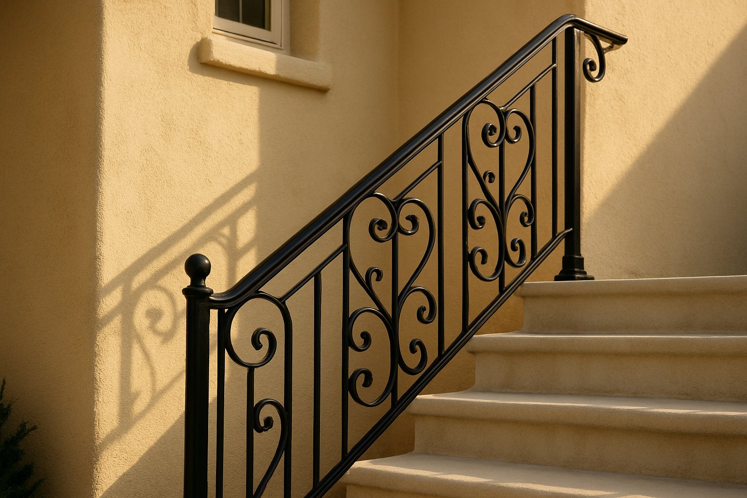 Barandal de fierro negro con detalles de herrería en una escalera exterior