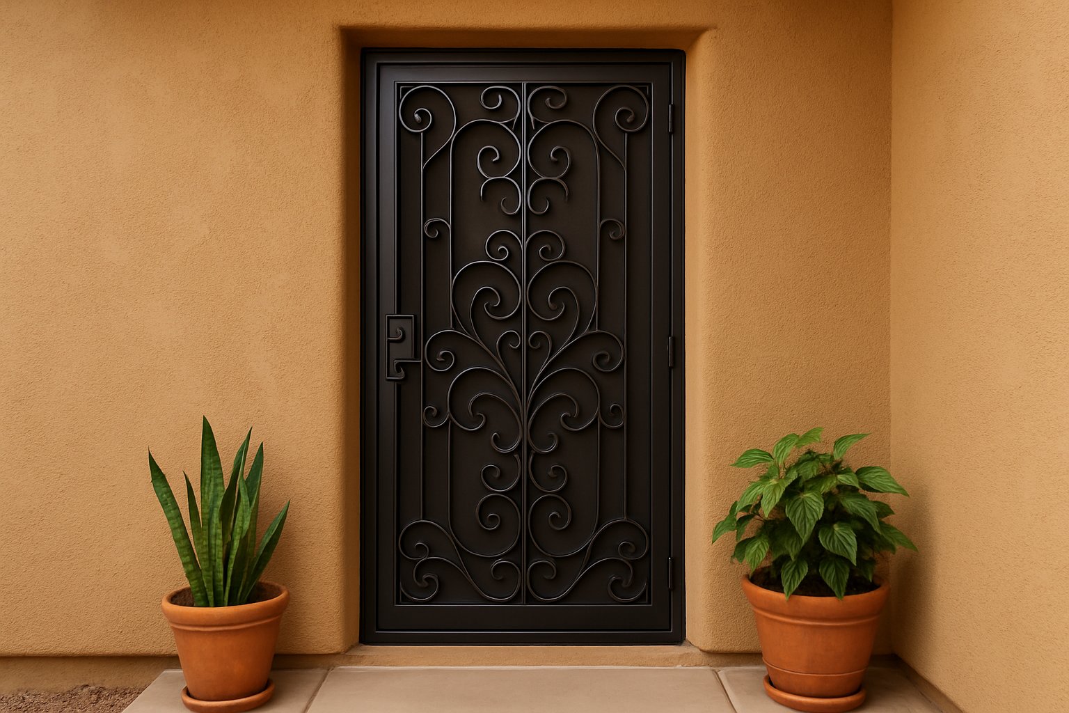 Puerta de seguridad de fierro decorativo en la entrada de una casa